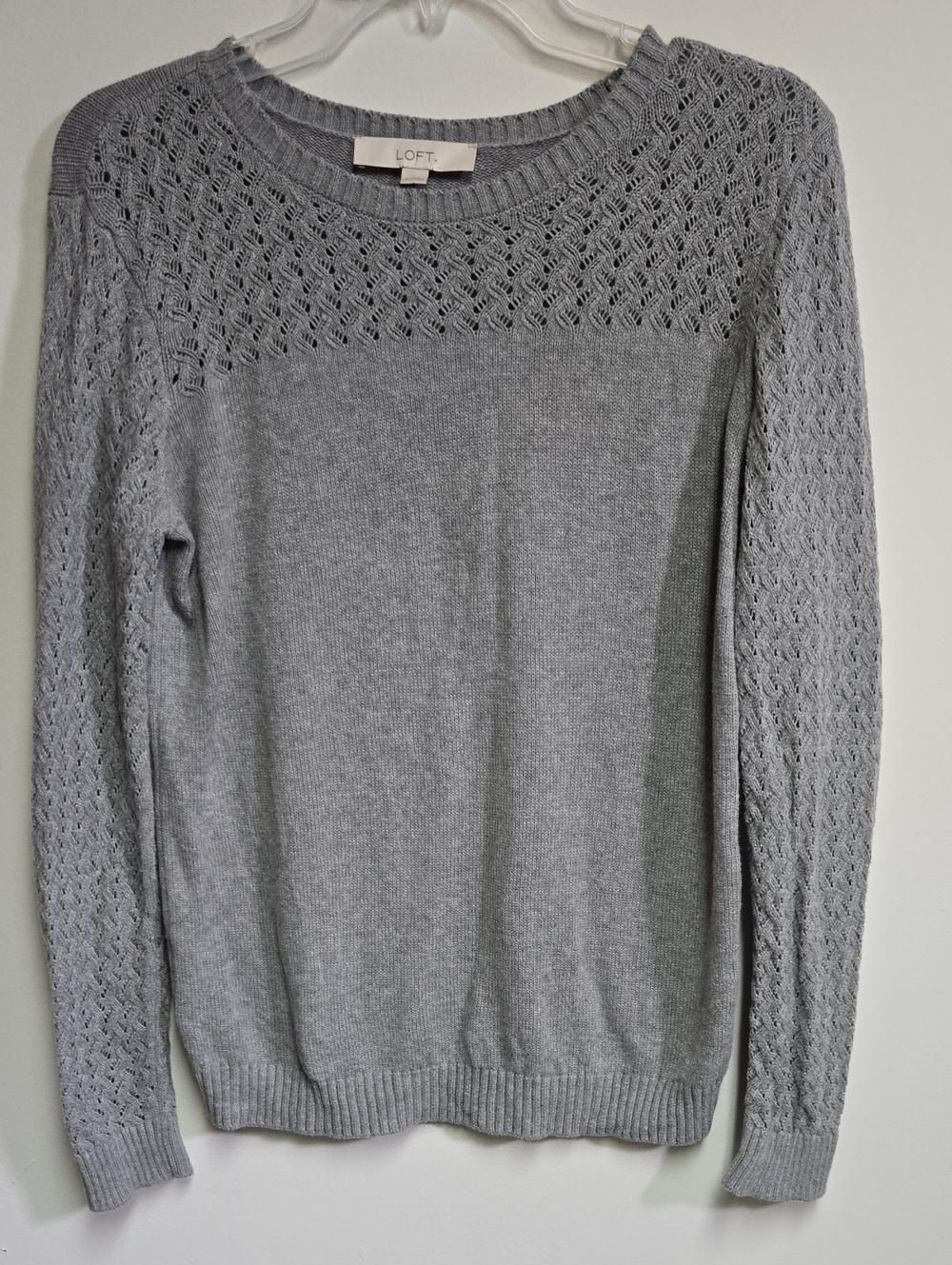 LOFT Gray Lace-Knit Yoke & Sleeves Crewneck Sweater 100% Cotton Medium